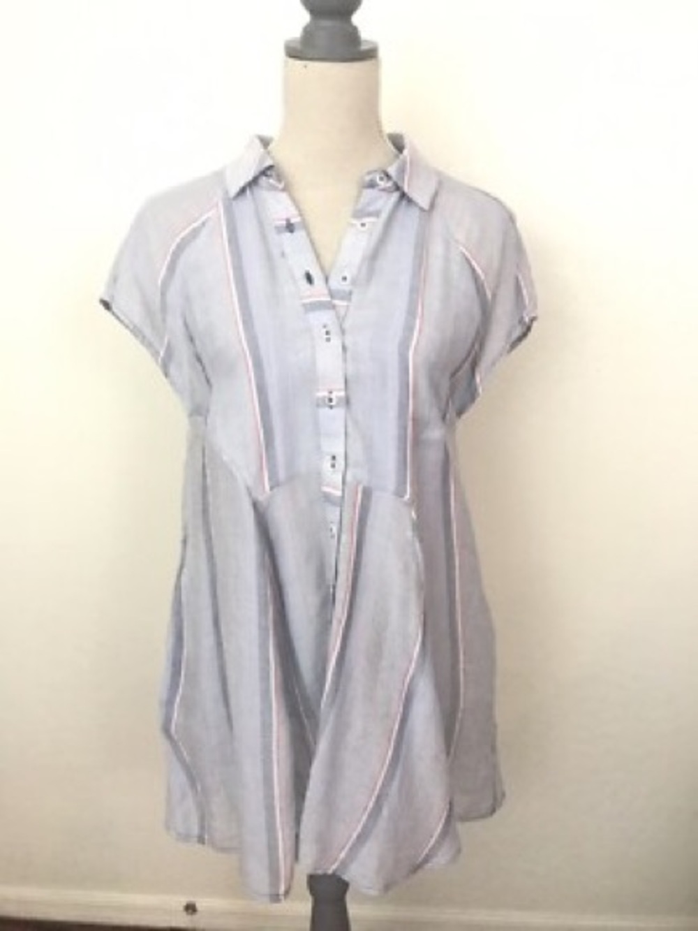 Free People New Spring Love Light Blue Stripe Women's Button-Front Tunic Top